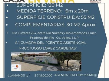 CASA EN VENTA EN PRADERAS DEL RIO A 1 CUADRA DE LA GUARDERIA FRUCTUOSO LOPEZ CARDENAS, CIUDAD VALLES, SLP