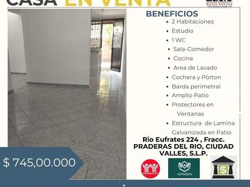 CASA EN VENTA EN PRADERAS DEL RIO A 1 CUADRA DE LA GUARDERIA FRUCTUOSO LOPEZ CARDENAS, CIUDAD VALLES, SLP