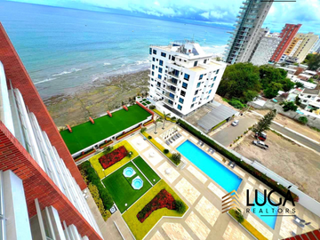Departamento primera línea al mar 3 dormitorios amoblado en renta, sector playa murciélago, cerca al Mall del Pacífico, Manta, Ecuador