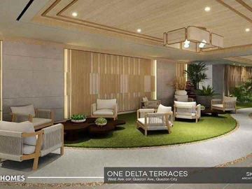𝗢𝗡𝗘 𝗗𝗘𝗟𝗧𝗔 𝗧𝗘𝗥𝗥𝗔𝗖𝗘𝗦 Studio Condo in West Ave.,Quezon City near Fisher Mall, Solaire, Timog, Trinoma, MRT, Vertis North