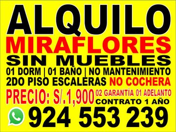 ALQUILO SIN AMOBLAR 58m2 S/.1,900 2x1 - 01 DORM | 01 BAÑO 28 DE JULIO - MIRAFLORES
