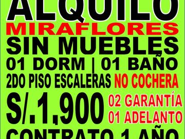 ALQUILO SIN MUEBLES 58M2 01 DORM | 01 BAÑO | LAVANDERÍA | NO COCHERA MIRAFLORES