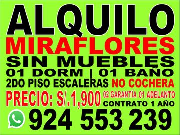 ALQUILO SIN MUEBLES 58m2 01 DORM | 01 BAÑO | LAVANDERÍA | NO COCHERA MIRAFLORES