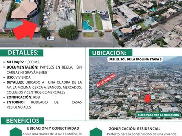 TERRENO DE 1000 M2 EN El SOL DE LA MOLINA 3RA ETAPA,  ZONA RESIDENCIAL