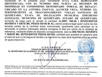 AUDIENCIA DE REMATE en Villas Santiago Qto.Etapa III PRIMERA ALMONEDA