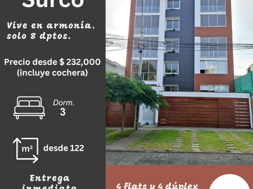 DEPARTAMENTO ESTRENO FLAT VELASCO ASTETE 2226 VISTA ALEGRE SURCO. ENTREGA INMEDIATA. PRECIO INCLUYE COCHERA. 3 DORMITORIOS. 122.10 m2.
