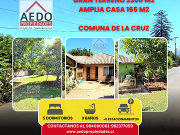 Se Vende Amplia y Linda Casa de un piso, aislada con Gran Terreno Residencial comuna de La Cruz
