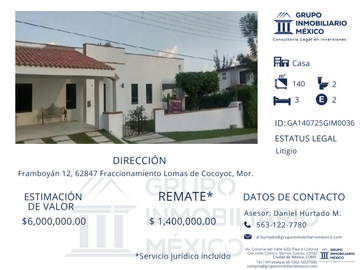 Casa en venta en Lomas de Cocoyoc, Morelos, 3 recámaras, 2 baños, 2 estacionamientos, 432 m² (Remate bancario)