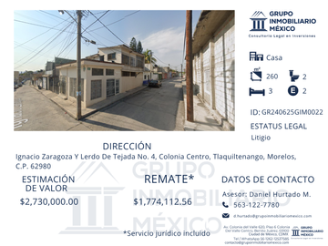 Casa en venta en Centro de Tlaquiltenango, Morelos, 3 recámaras, 2 baños, 2 autos, 2 niveles (Remate bancario)
