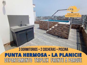 Punta Hermosa - TRIPLEX PENTHOUSE Frente a Parque de 3dorm + 2cocheras + Piscina + 3balcones