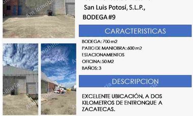 Bodega en renta de 700m2 en San Luis Potosí. Zona Poniente.