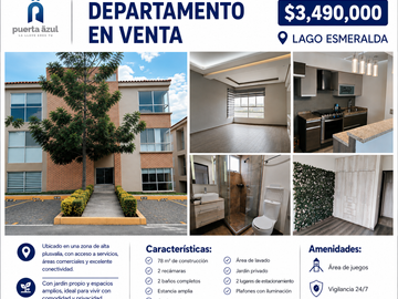Depa VENTA, Lago Esmeralda, PB, 2 rec, jardin propio