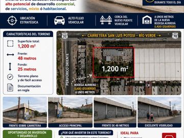 TERRENO EN VENTA CON FRENTE A CARR A RIOVERDE CASI ESQUINA PERIFERICO ORIENTE JUNTO AURRERA