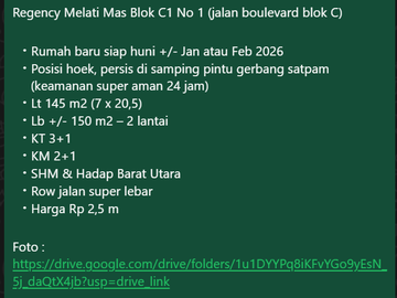 Diijual Regency Melati Mas Blok C1 No 1 (jalan boulevard blok C) Rumah baru siap huni
