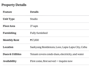 For Rent: Fully Furnished Studio Unit in Saekyung Residences, Looc, Lapu-Lapu City — ₱17,000/month