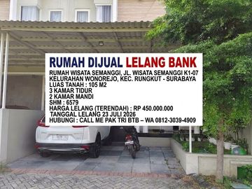 LUAS 105 M2!! DIJUAL RUMAH VIA LELANG DI RUNGKUT SURABAYA (PERUM WISATA SEMANGGI)