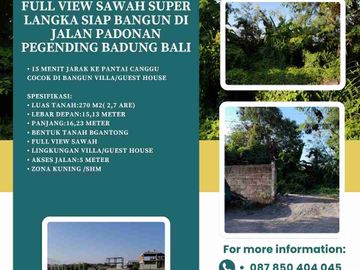 Dijual Tanah full view sawah super langka siap Bangun Di jalan padonan pegending Badung Bali