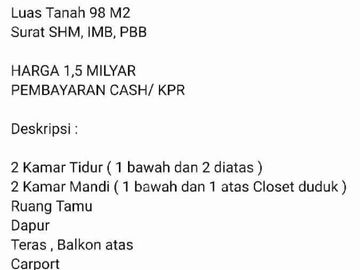 Rumah 2 lantai Lt 98 SHM IMB PBB strategis bebas banjir Pondok Aren - Bintaro