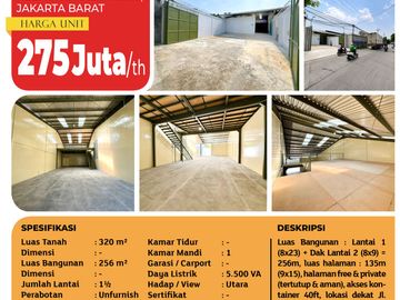 Strategis! Sewa Gudang Cengkareng Jakarta Barat LT 320 m² Akses Kontainer 40 Feet Dekat Tol Daan Mogot