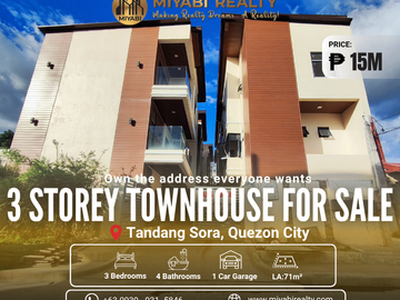 Brand New 15M 3BR Townhouse For Sale in Tandang Sora Quezon City with 2-Car Garage - LSS