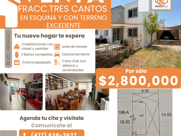 CASA EN VENTA EN FRACC. TRES CANTOS CON TERRENO ADICIONAL