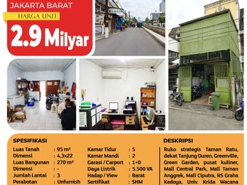 Jual Ruko Taman Ratu Jakarta Barat - LB 270 m² Dekat Tol Tomang & Kebon Jeruk Cocok Untuk Usaha