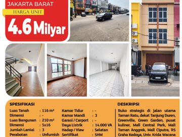 Jual Ruko Taman Ratu, Kebon Jeruk Jakarta Barat - 3 Lantai LB 210 m² SHM, Jalan Utama Cocok Usaha & Investasi