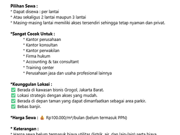 DISEWAKAN RUANG KANTOR Grogol – Jakarta Barat