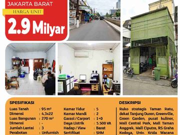 Jual Ruko / Rumah 3 Lantai Taman Ratu, Jakarta Barat