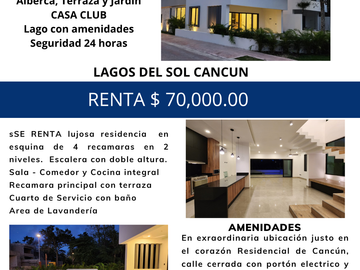 SE RENTA ESPLENDIDA RESIDENCIA EN CANCUN 4 REC, CTO SERVICIO, ALBERCA, CASA CLUB, ETC EN LAGOS DEL SOL