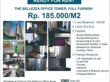 SEWA KANTOR THE BELLEZZA OFFICE TOWER, TERSEDIA 3 RUANG, LUAS 144 M2 & 78M2 (FULL FURNISH)