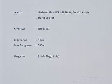 Dijual rumah di metro alam 425m2 pondok indah jaksel