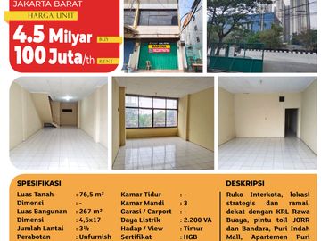 Dijual atau Disewakan! Ruko Hook Interkota Cengkareng Jakarta Barat - Lokasi strategis, 3.5 Lantai