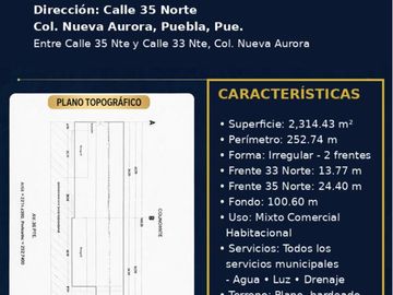 Venta de Terreno atrás de CAPU, Puebla, doble frente (de calle a calle), 2,338 m2, Uso Mixto.