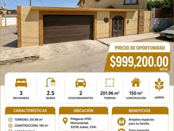 CASA EN VENTA EN MONUMENTAL, CIUDAD JUÁREZ, CHIHUAHUA.