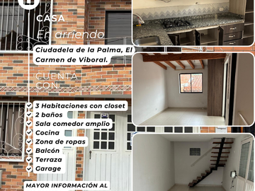 SE ARRIENDA CASA EN CIUDADELA DE LA PALMA. EL CARMEN DE VIBORAL.