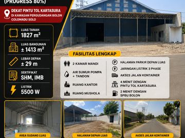 Disewakan Gudang Kawasan Industri Baru Strategis Siap Huni Lokasi Colomadu,Solo Luas 1827m2