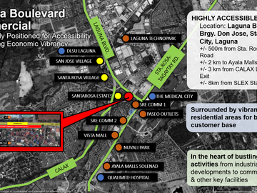 Commercial lot for sale in Laguna Boulevard, Brgy. Don Jose, Sta. Rosa City, Laguna The lot is directly facing Laguna Boulevard hence, front parking w
