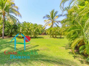 Departamento en renta vacacional. Terraza con vista a las albercas, jardines y parcial al mar