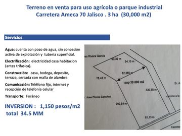 Venta de Excelente terreno sobre carretera 16 km de ZMG a desviación Ameca  Agrícola industrial sobre autopista