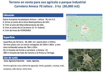 Venta de Excelente terreno sobre carretera 16 km de ZMG a desviación Ameca  Agrícola industrial sobre autopista
