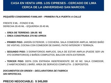 VENDO CASA CERCA A UNIV. SAN MARCOS