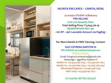 SECURED! PRE-SELLING 22.01sqm STUDIO w/ABLCONY JACNTA ENCLAVES-CAINTA YOUR SANCTUARY IN THE CITY