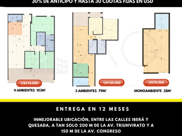 2 Ambientes 52 m² más balcón y patio. Contrafrente. Financiamiento en el Corazón de Villa Urquiza