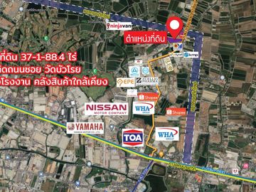 🏡Purple Factory Land for Sale!! 37-1-88.4 Rai, Soi Wat Bua Roy, Bang Na, Km 23. High industrial growth area, suitable for warehouse development.