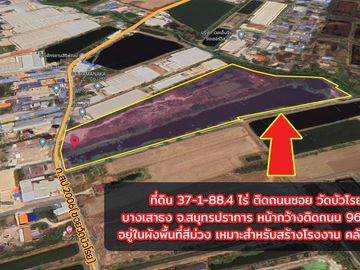 🏡Purple Factory Land for Sale!! 37-1-88.4 Rai, Soi Wat Bua Roy, Bang Na, Km 23. High industrial growth area, suitable for warehouse development.