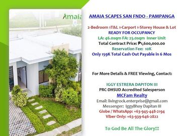 159K TOTAL CASH OUT PAYABLE IN 6 MOS - RESEVE 2-BEDROOM 1T&B 1-CAR GARAGE SINGLE STOREY HOUSE & LOT AMAIA SCAPES SAN FERNANDO-PAMPANGA