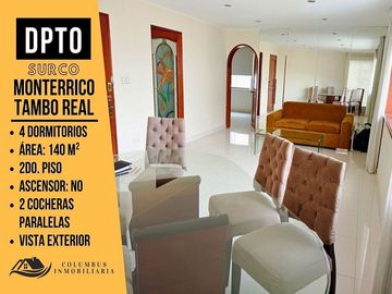 Surco MONTERRICO - Venta Departamento 2do. PISO - 140m² de 4Dorm+2Cocheras Paralelas Excelente ubicación