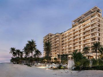 Condominio frente al mar con balcón, cabañas, Camastros, alberca, en Telchac, venta, Merida.