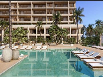 Condominio frente al mar con balcón, cabañas, Camastros, alberca, en Telchac, venta, Merida.